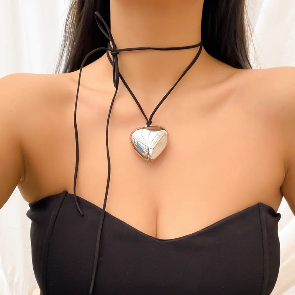 Silver Toned Bubble Heart Pendant on Black Faux Suede Wrap Necklace